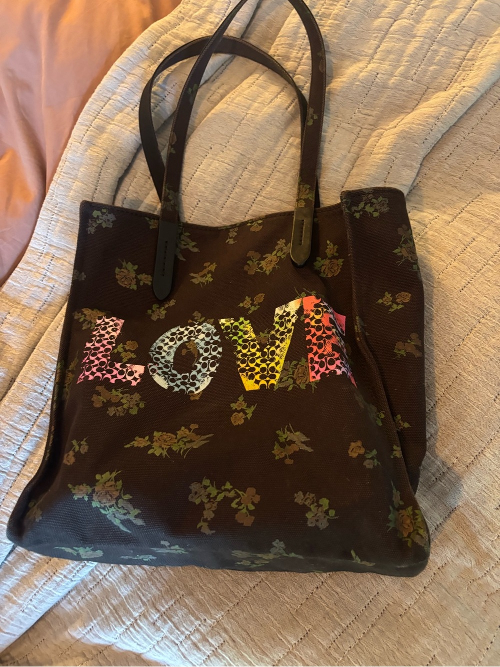 Coach black  Floral 'LOVE' Canvas Tote with Multicolor Lettering